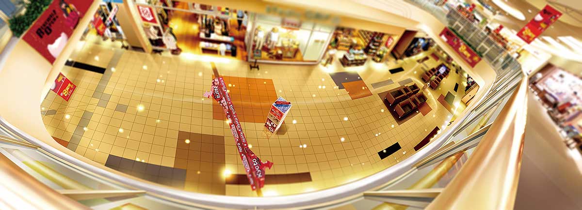 ショッピングモールの床に派手な装飾で県境のラインが引かれている（筆者による絵）