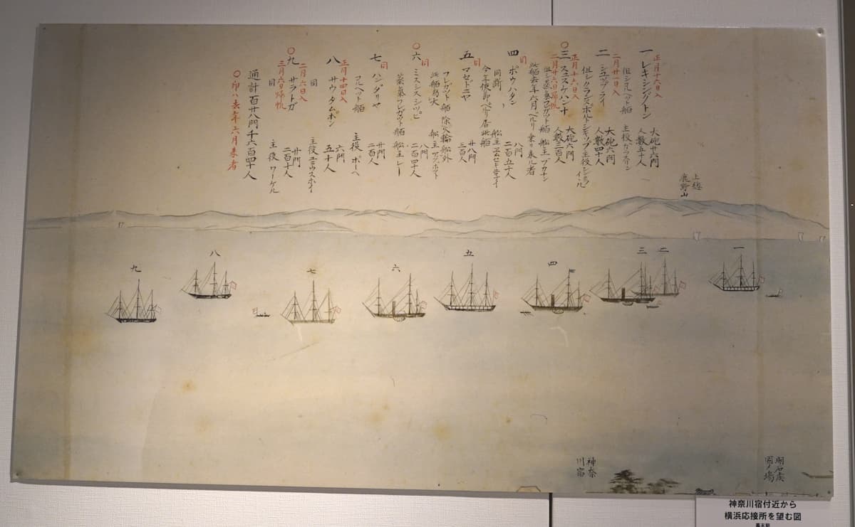 神奈川宿付近から横浜応接所を望む図（幕末期『黒船来航絵巻』横浜開港資料館所蔵）